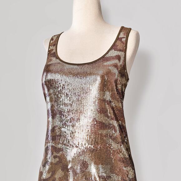 Y2K Camo Sequin DKNY Tank Top Sz S Metallic Brown Festival Disco Grunge Retro - Picture 5 of 10